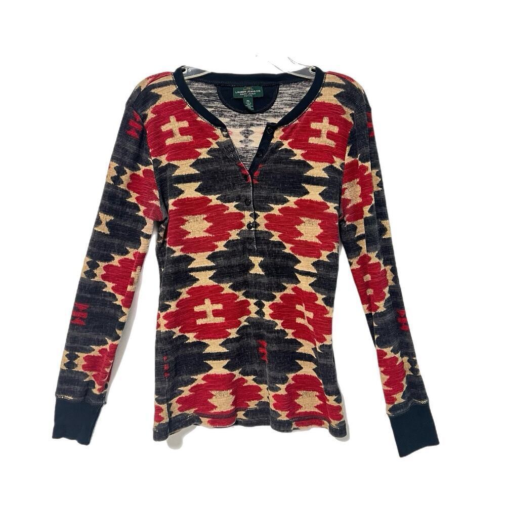 Lauren Ralph Lauren Thermal Knit Top Henley Shirt Small Petite Aztec Southwest